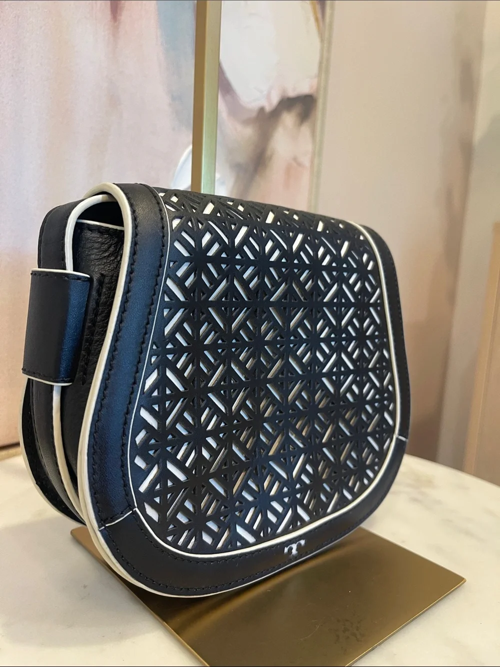 Tory Burch Black and White Laser-Cut Crossbody Saddle Bag